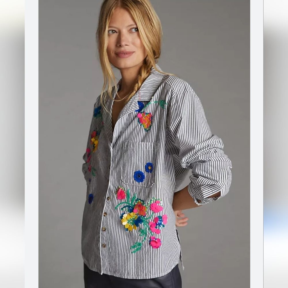 Anthropologie Maeve Floral Sequin Cotton Oversized Button-down Shirt Size 2